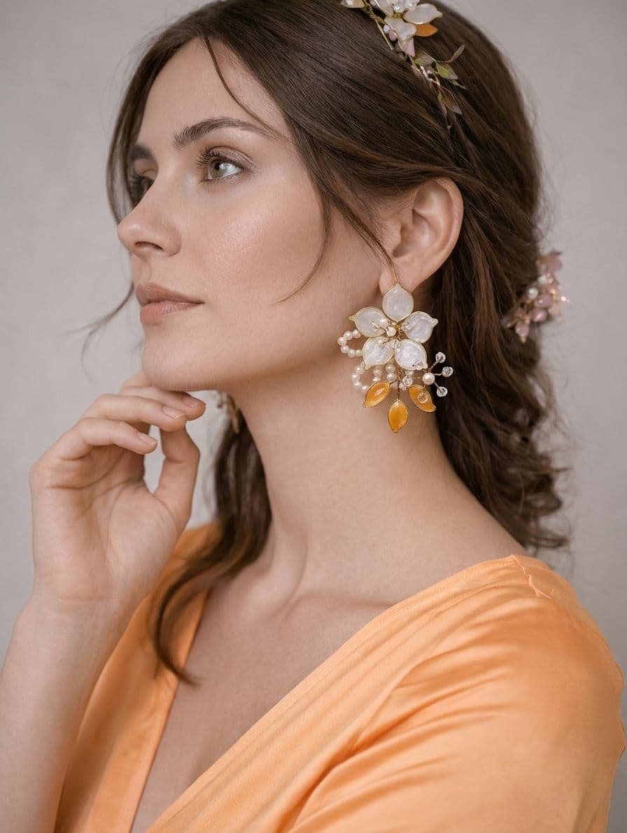 White & Amber Floral Resin Pearl Drop Earrings for Women