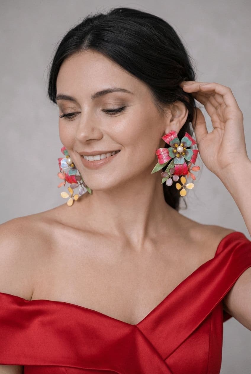 Multicolor Floral Resin Statement Earrings with Pearl Accents