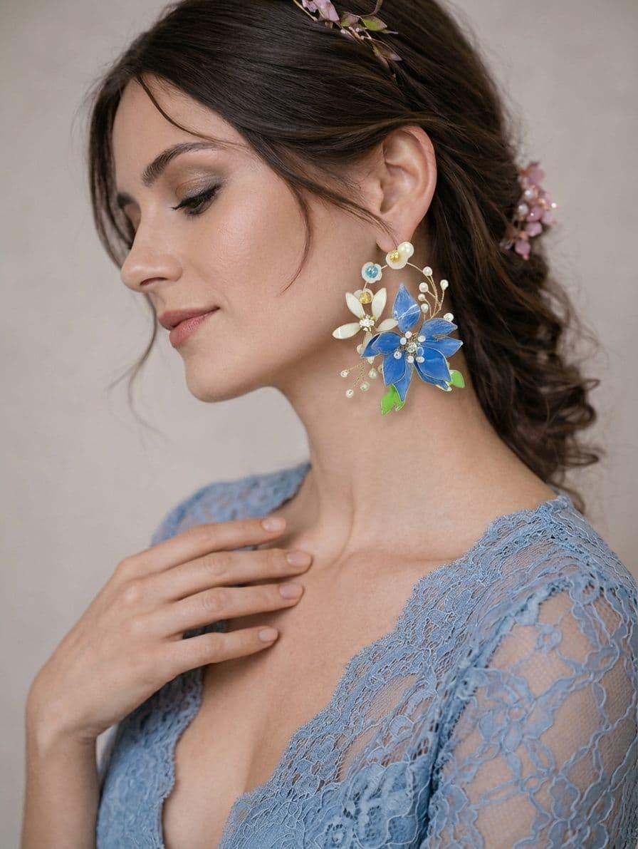 Floral Resin Earrings - Blue Danglers for Haldi Carnival