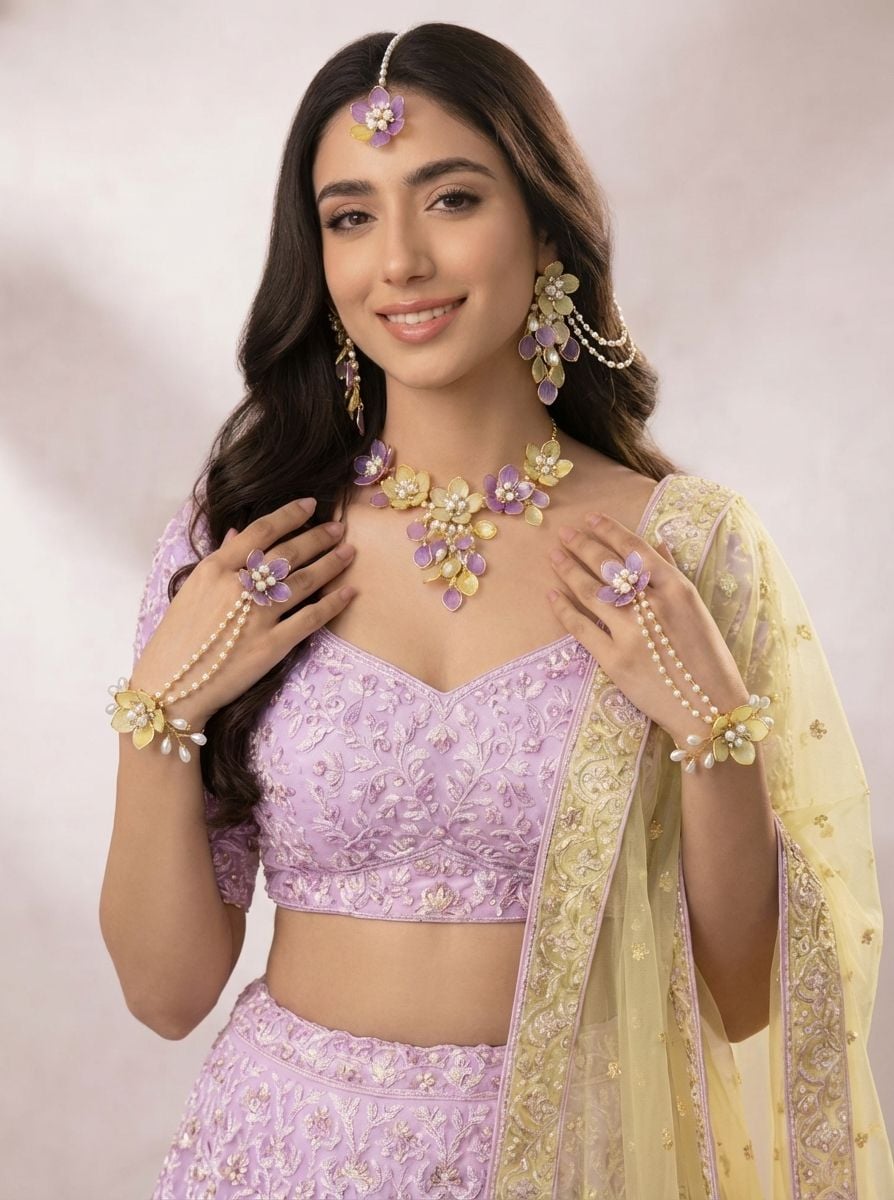 Resplendent Lavender-Yellow Floral Bridal Jewellery Set for Wedding Carnival