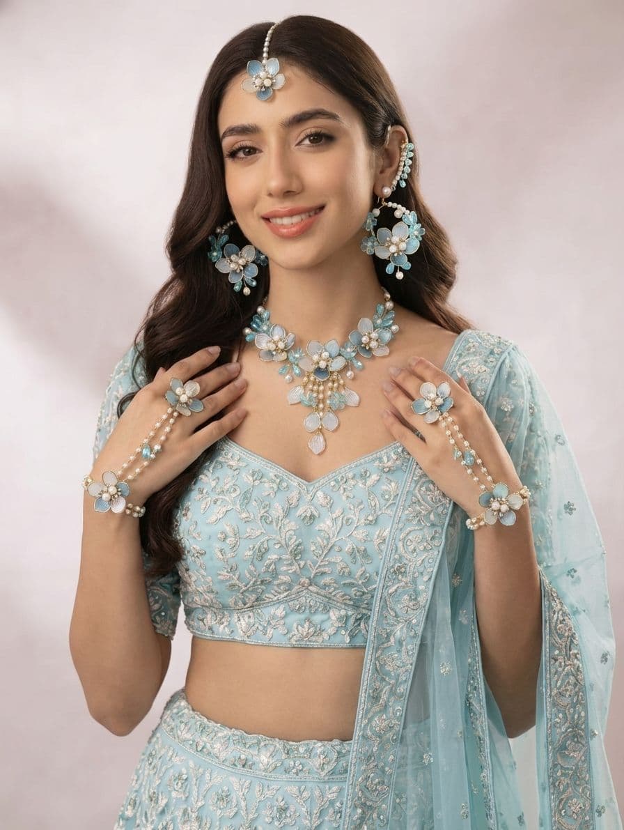 Powder Blue Floral & Sea Shell Extravaganza – Handmade Resin Carnival Jewelry Set for Bridal Celebrations