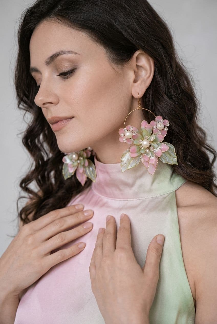 Pink & Green Floral Resin Hoop Earrings with Pearl Accents