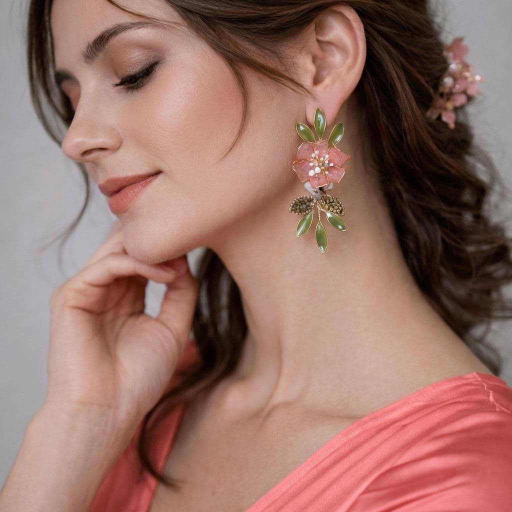 Peach Floral Resin Earrings with Green Leaf Accents for Women