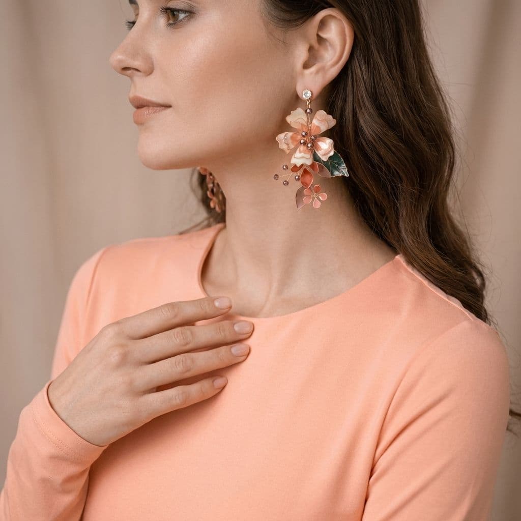 Peach Blossom Resin Earrings with Copper Leaf Detailing