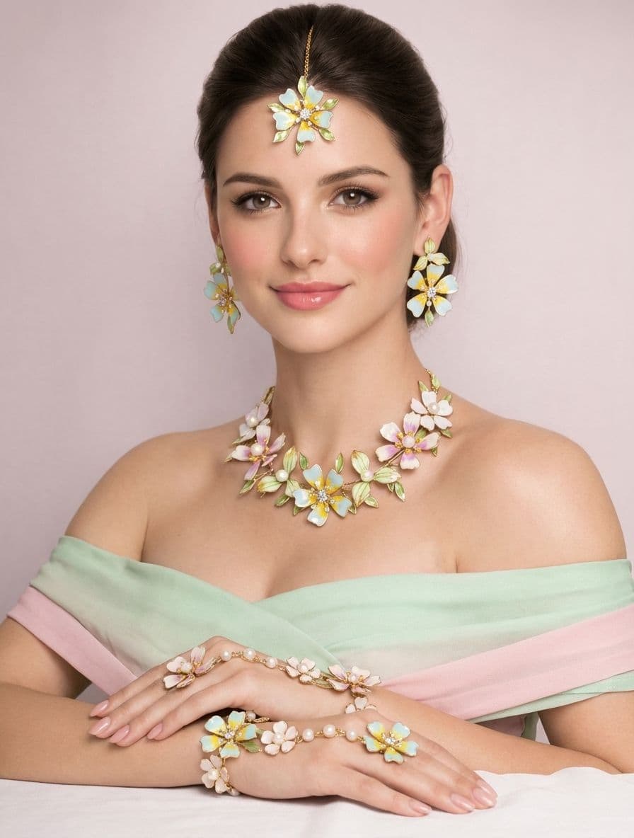 Floral Multicolor Handmade Resin Haldi-Mehndi Bridal Jewelry Set