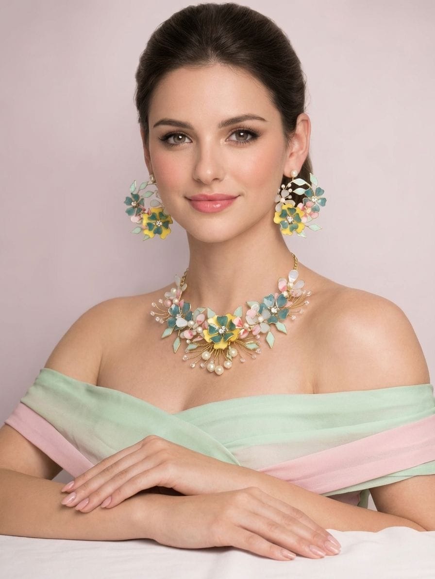 Premium Pastel Blue & Yellow Resin Flower Jewellery Set for Brides
