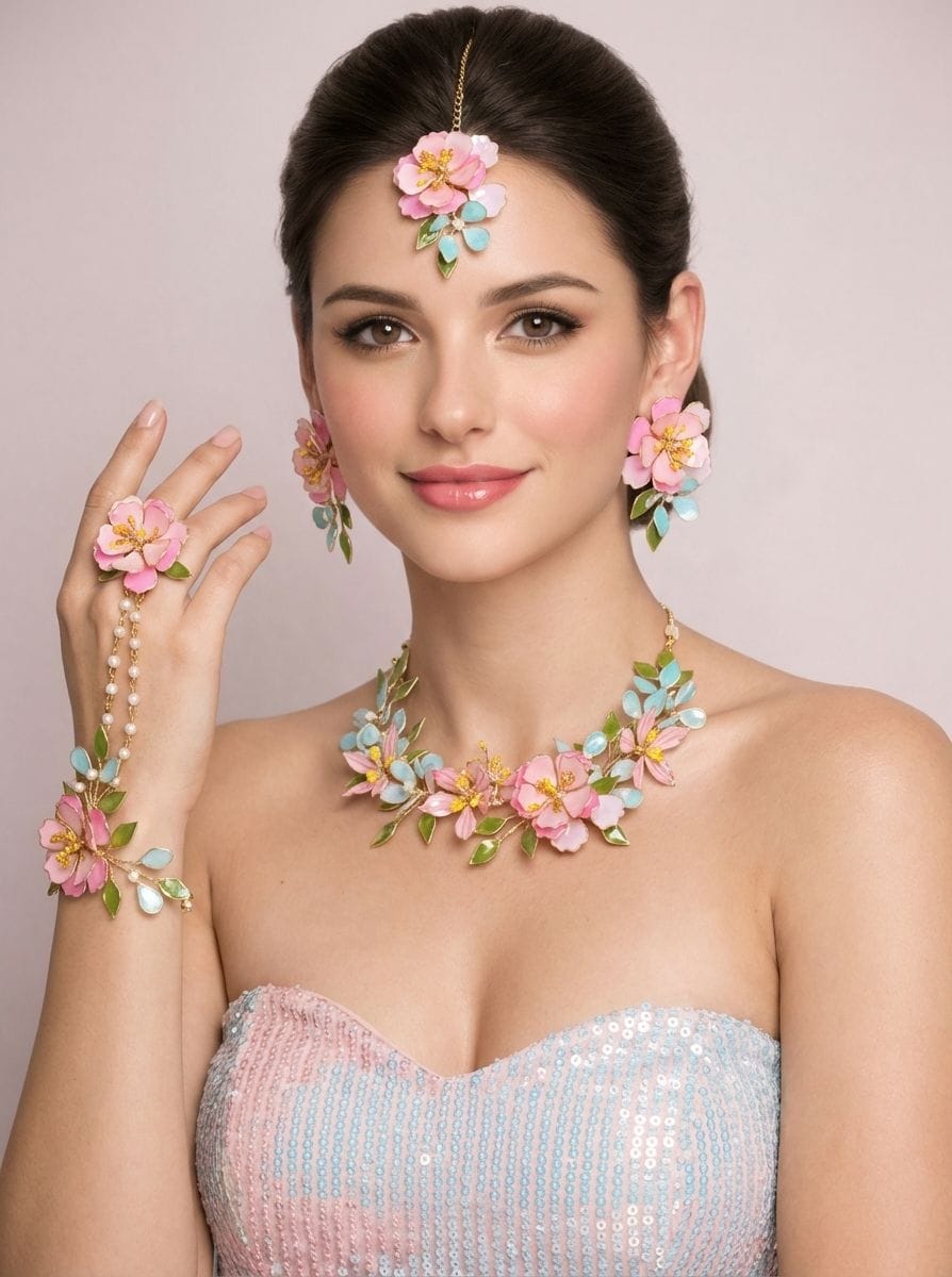 Pink Floral Resin Necklace Set for Haldi Mehndi & Bridal Wear