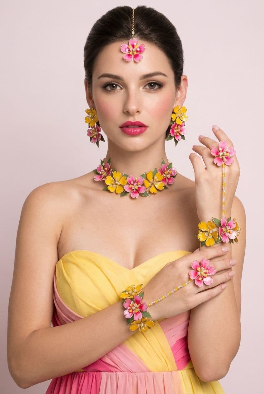 Floral Fantasy Resin Handmade Bridal Set Yellow-Pink Haldi & Mehndi