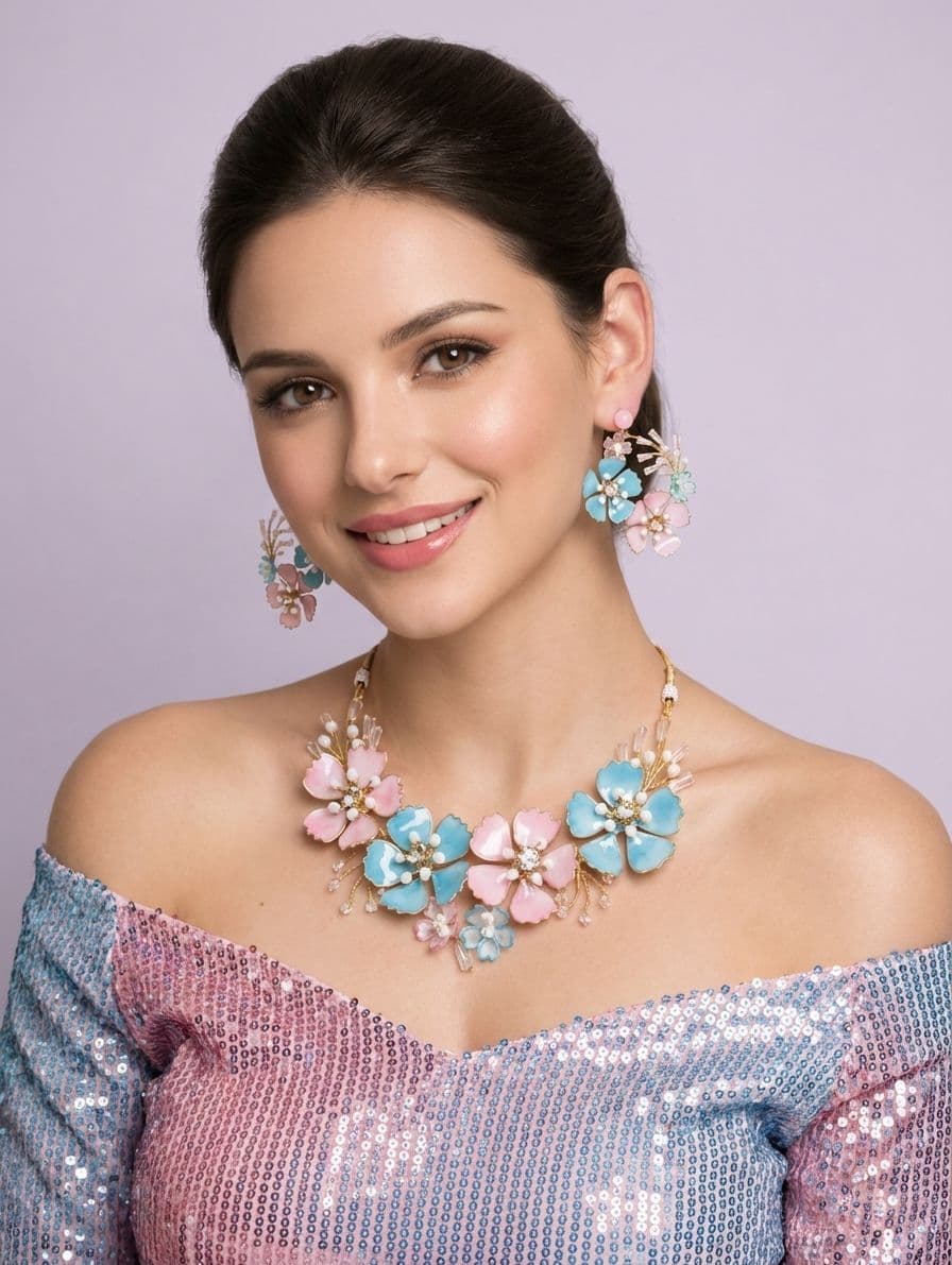 Pastel Blue Pink Floral Resin Jewellery Set for Haldi Mehndi Brides