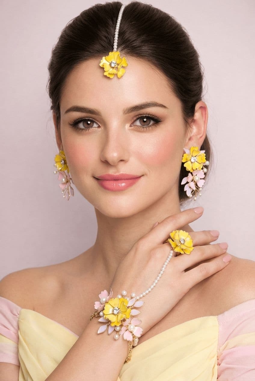Luxe Floral Handmade Yellow & Pink Resin Bridal Jewelry 4 Haldi-Mehndi
