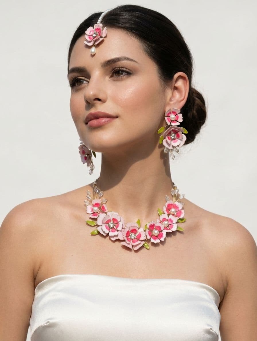 Handmade Designer Carnival Flower-themed Pink & Lavender Resin-Beaded Bridal Jewellery Set for Haldi-Mehndi