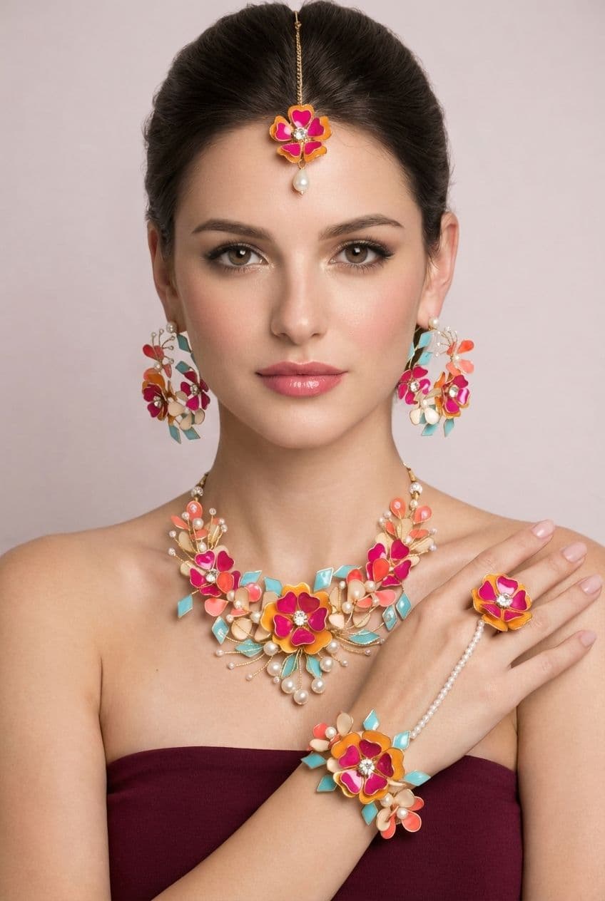 Festive Multicolor Bridal Floral Resin-Based Carnival Jewellery Set for Haldi-Mehndi