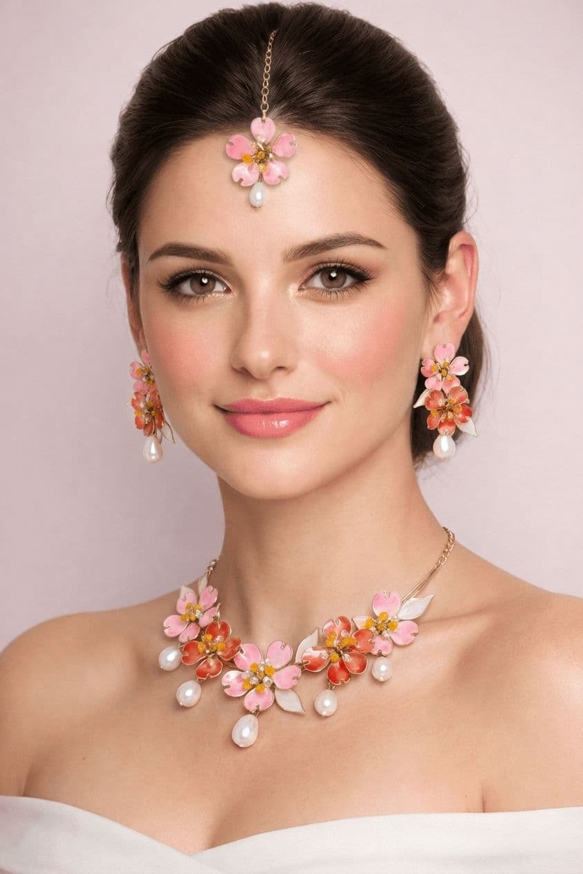 Bloom Elegance: Pink-Orange Floral Resin Haldi-Mehndi Bridal Jewellery Set