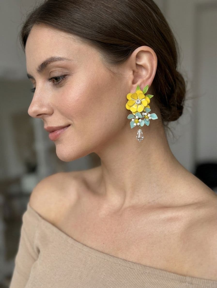Sunshine Bloom Resin Earrings with Crystal Floral Design
