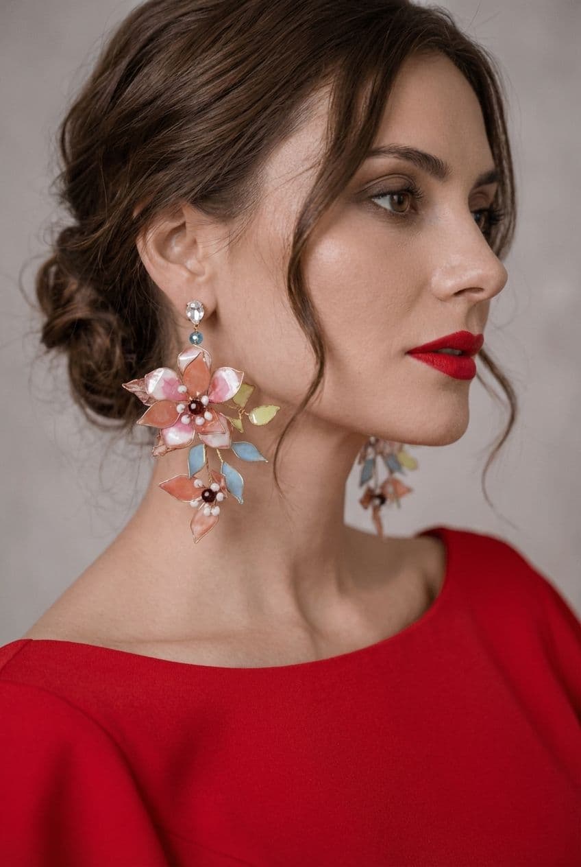 Pastel Blossom Resin Earrings with Copper Floral Detailing