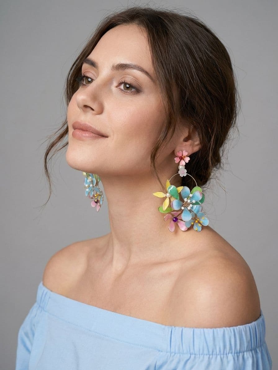 Carnival Blooms: Yellow-Sky Blue Floral Resin Drop Earrings For Haldi Festivity