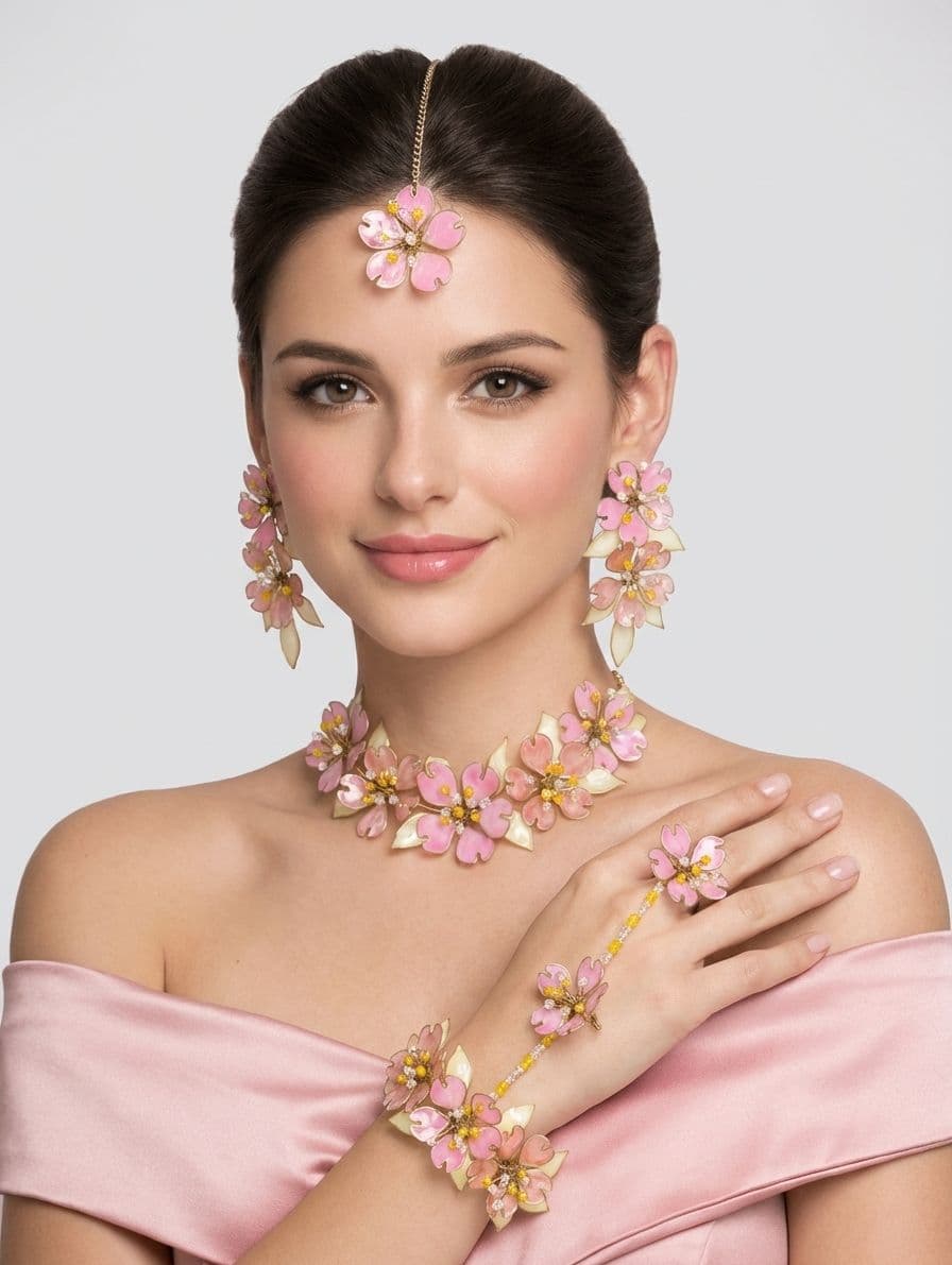 Pink Resin Floral Haldi Jewellery Set for Women with Tikka, Earrings and Hathphool