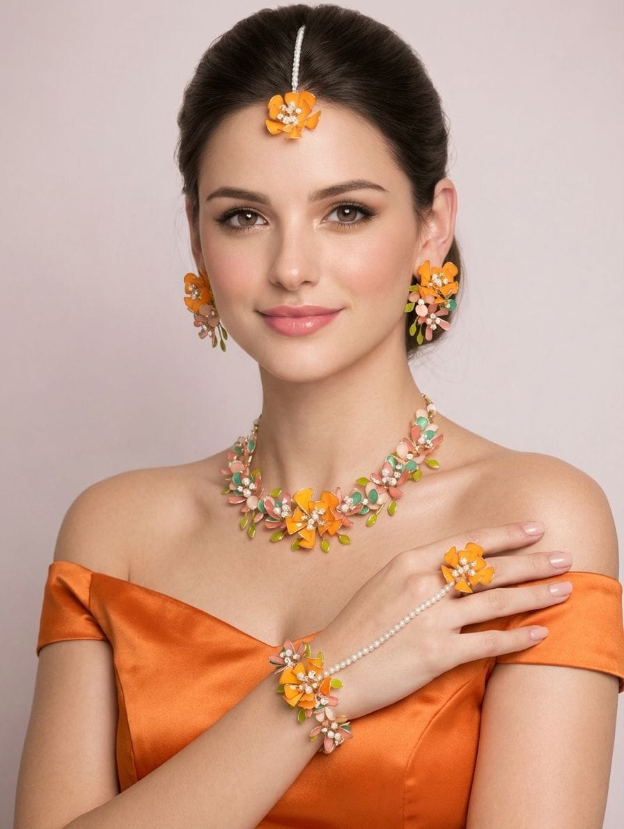 Designer Orange Resin Jewellery Set for Haldi Mehndi & Bridal Wear