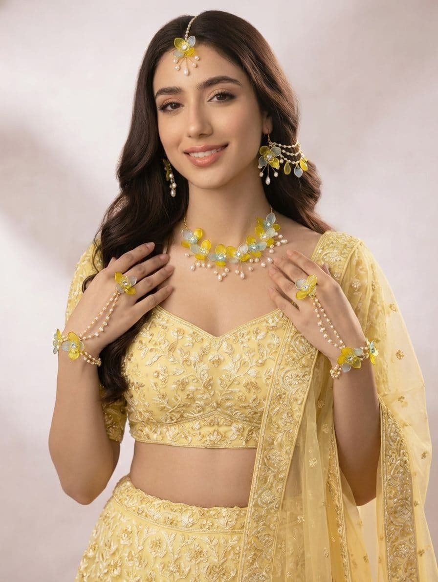 Yellow Sky Blue Floral & Sea Shell Haldi Mehndi Bridal Jewellery Set