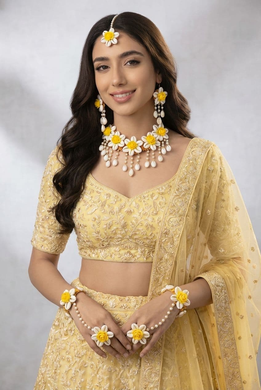 Blooming Elegance - Flower Beaded Haldi Wedding Jewelry Set for Bride