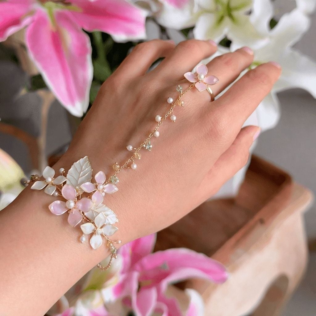 Resin Bloom - Handcrafted Flower Hathphool and Hand Harness Jewelry Set