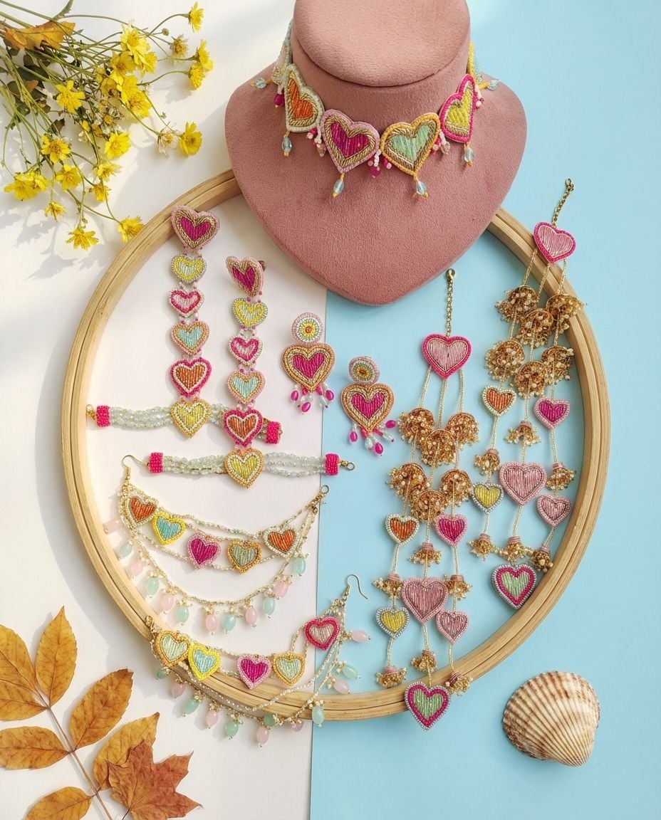Pastel Hearts Carnival Bridal Jewellery Set in Pink Floral Design