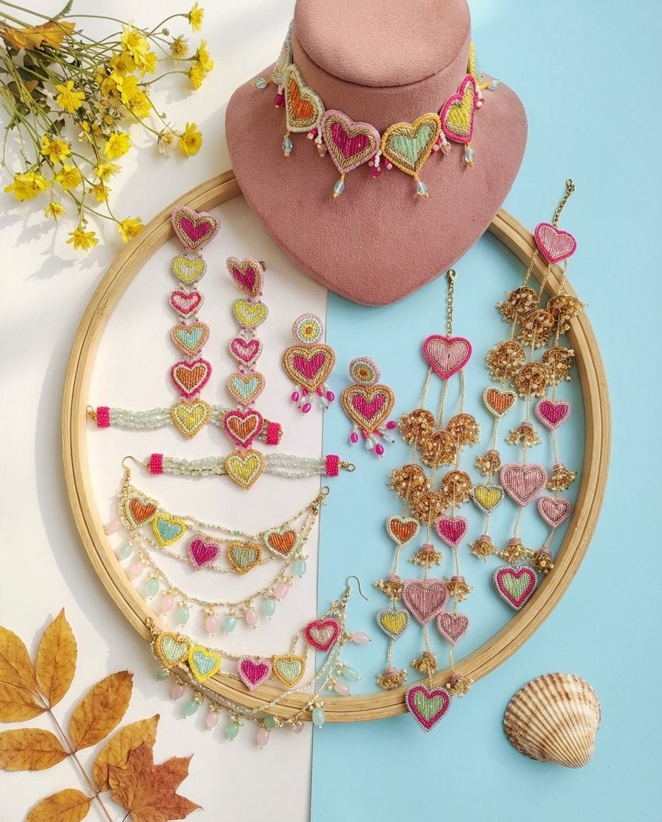Pastel Hearts Carnival Bridal Jewellery Set in Pink Floral Design