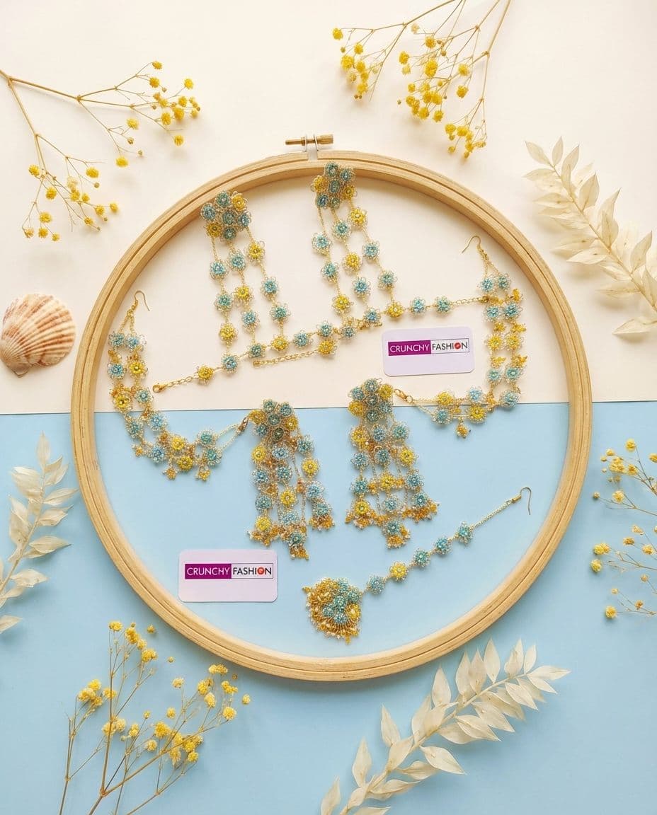 Sunshine Daisy Yellow-Sky Blue Carnival Jewelry For Haldi-Mehndi Bride