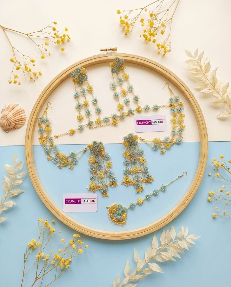 Sunshine Daisy Yellow-Sky Blue Carnival Jewelry For Haldi-Mehndi Bride