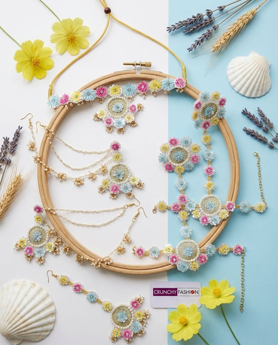 Bridal Bliss: Handmade Pink-Yellow-Blue Designer Carnival Set for Haldi Ceremony