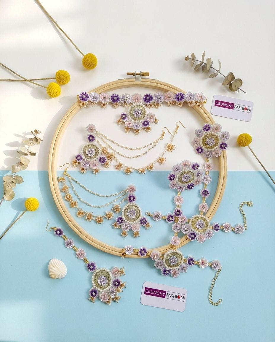 Lavender-Pink Handmade Floral Carnival Jewelry Set for Bridal Haldi Ceremony