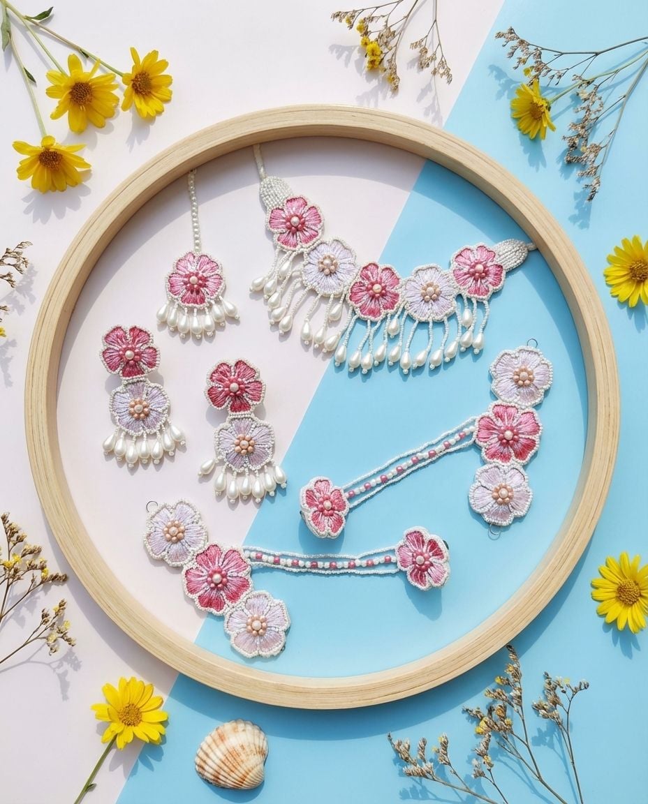 Handcrafted Floral Asymmetry: Yellow Flower Jewellery for Haldi
