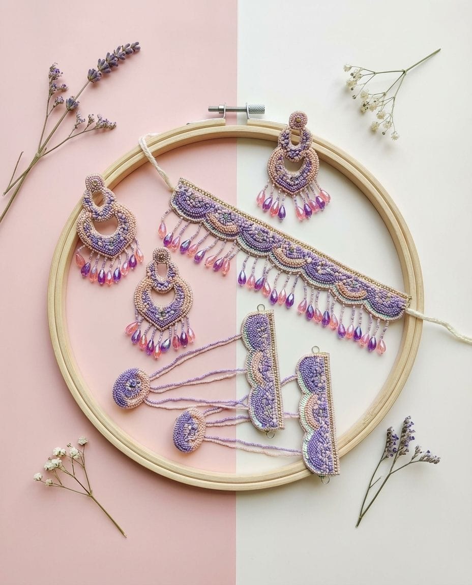 Lavender-Peach Beaded Handmade Floral Jewellery Set for haldi, Mehndi, Carnival