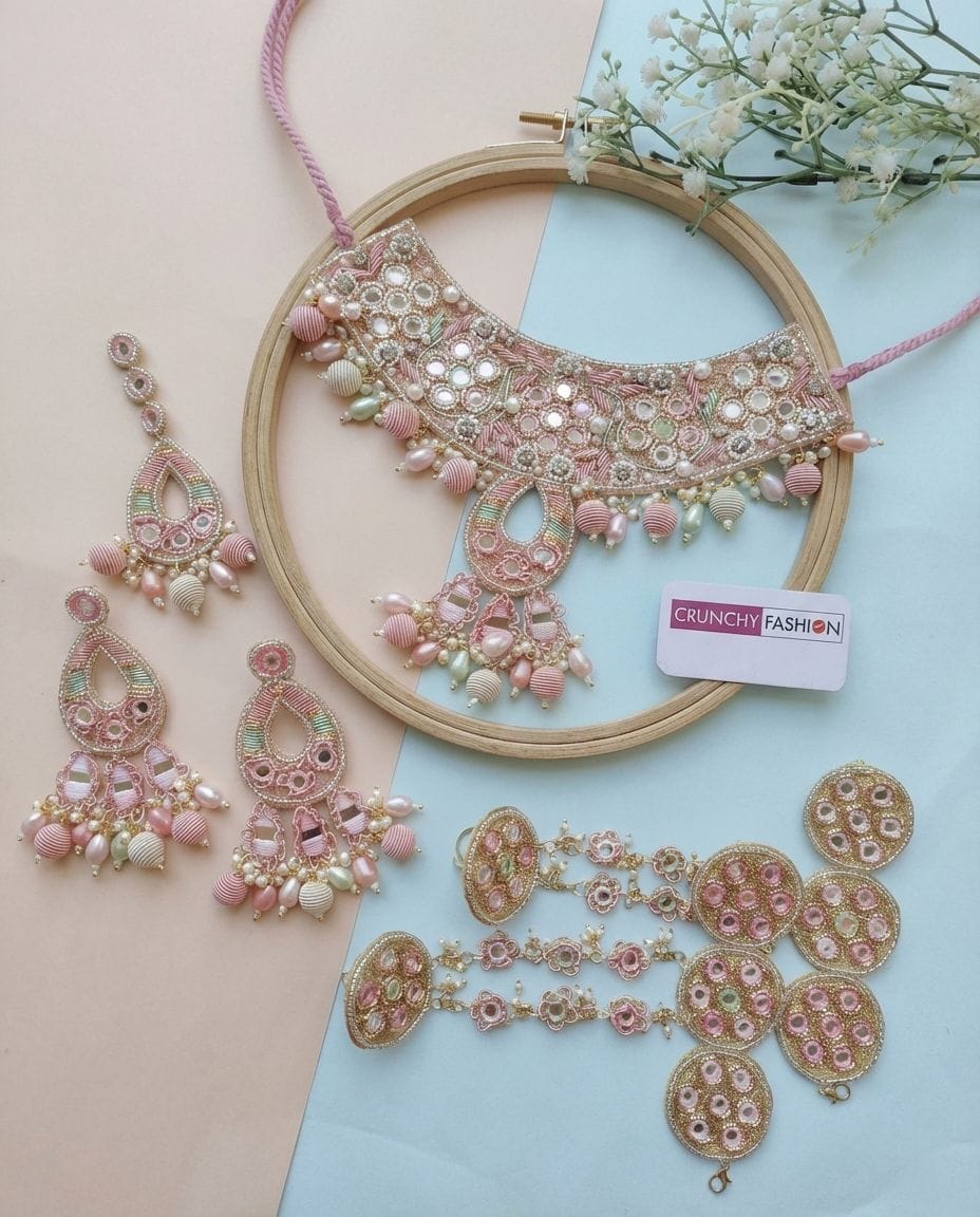 Beaded Pink Floral Handmade Jewellery Set for Haldi Ceremony