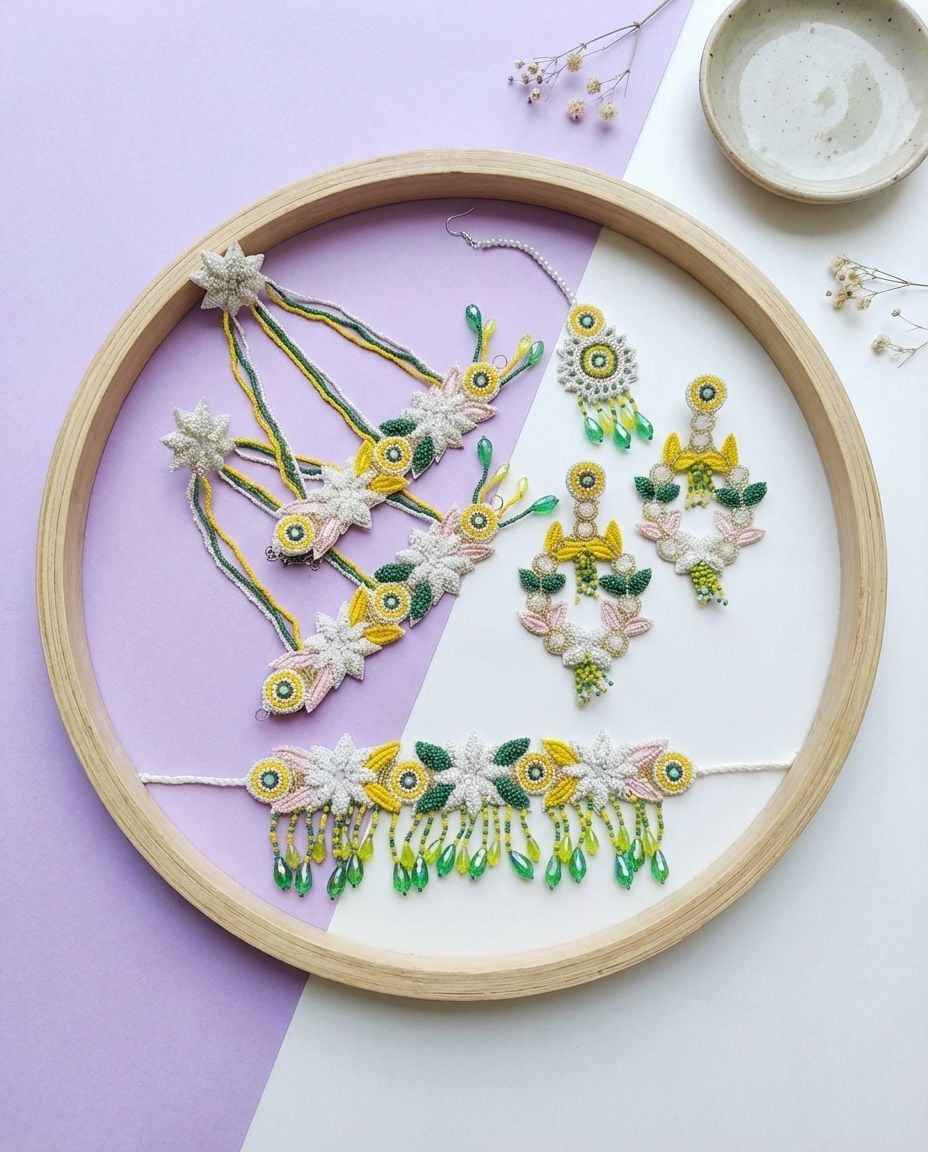 Handmade White Floral Haldi Jewellery Set with Green Crystal Drops