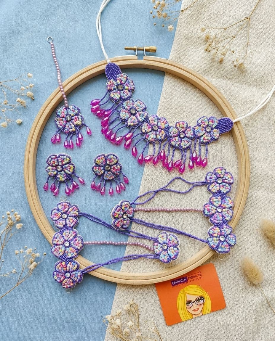 Laveneder Floral Handmade Pearl and Shell Jewellery Set for Bridal Haldi Mehndi