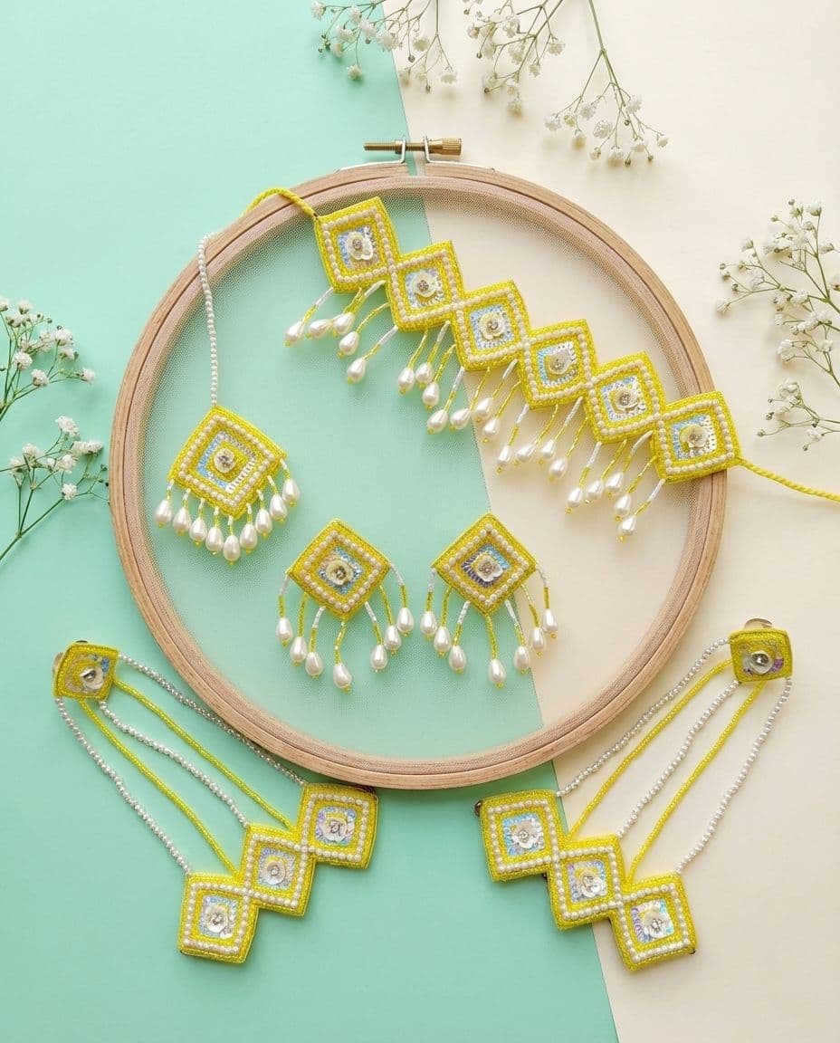 Yellow-White Handmade Beaded Jewellery Set for Haldi-Mehndi