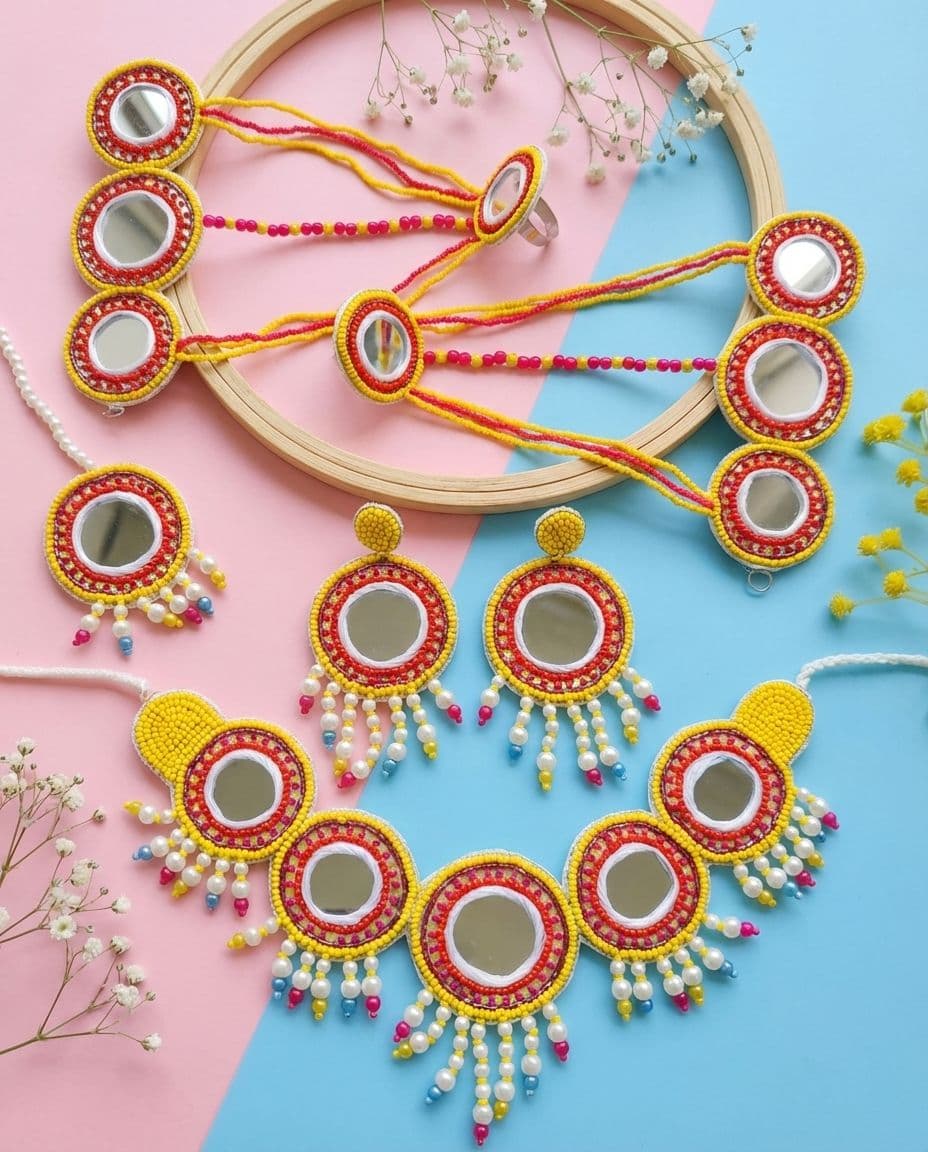 Handcrafted Multicolor Beaded Haldi & Mehndi Jewellery Set