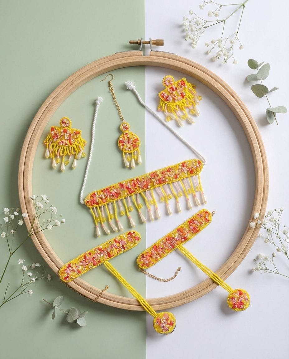 Yellow-Pink Handmade Beaded Floral Jewellery Sets For haldi mehndi