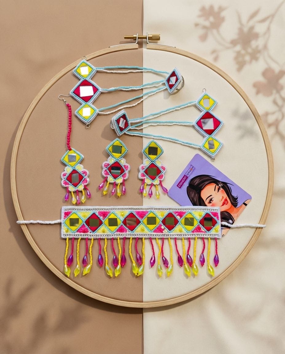Traditional Multicolored Handmade Mirror-Work Bridal Jewellery Set for Haldi and Mehndi Occasions