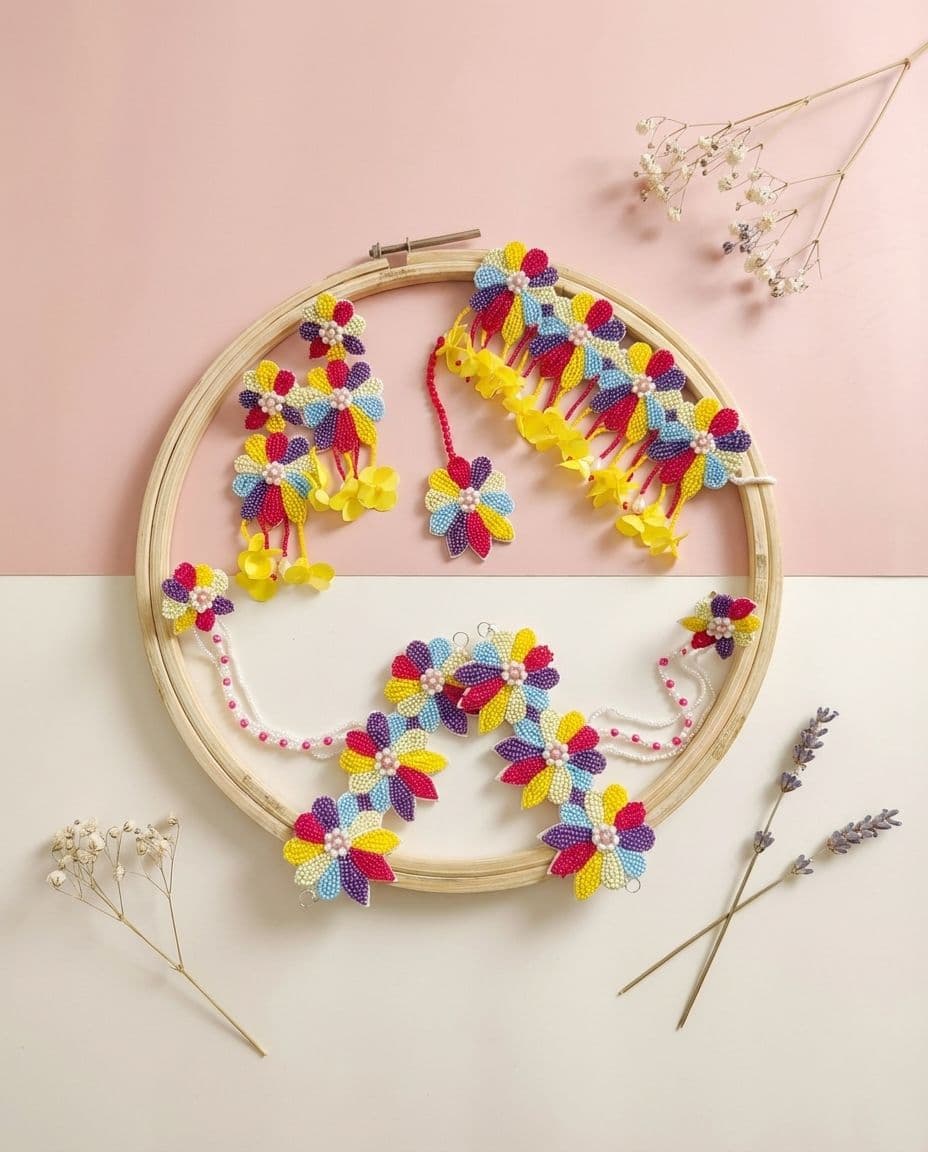 Multicolored Flowers Handmade Beaded Jewellery Set for Haldi Mehndi