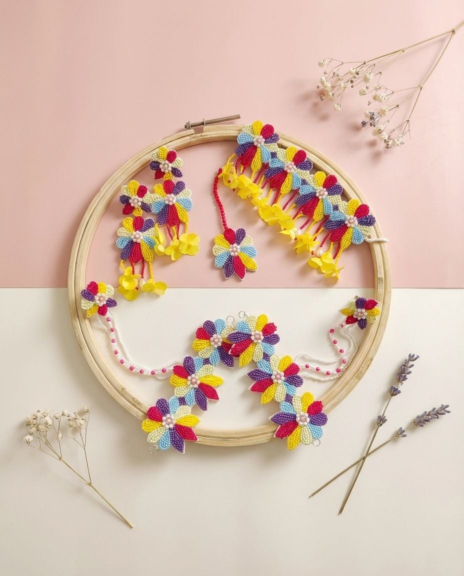 Multicolored Flowers Handmade Beaded Jewellery Set for Haldi Mehndi