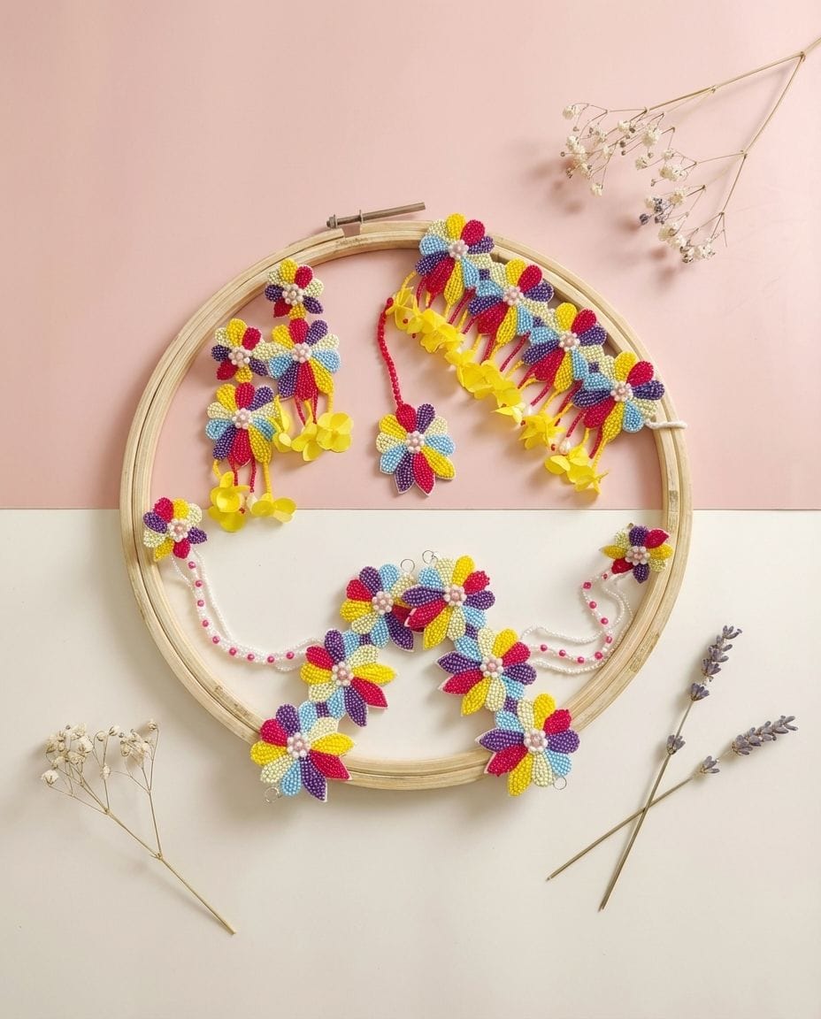 Multicolored Flowers Handmade Beaded Jewellery Set for Haldi Mehndi
