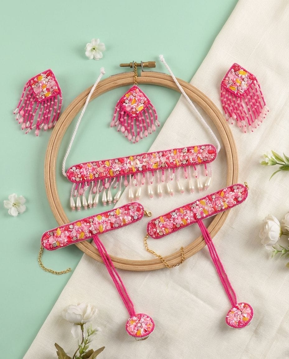 Pink Floral Haldi Jewellery Sets-Stylish Handmade Jewelry Set for Women