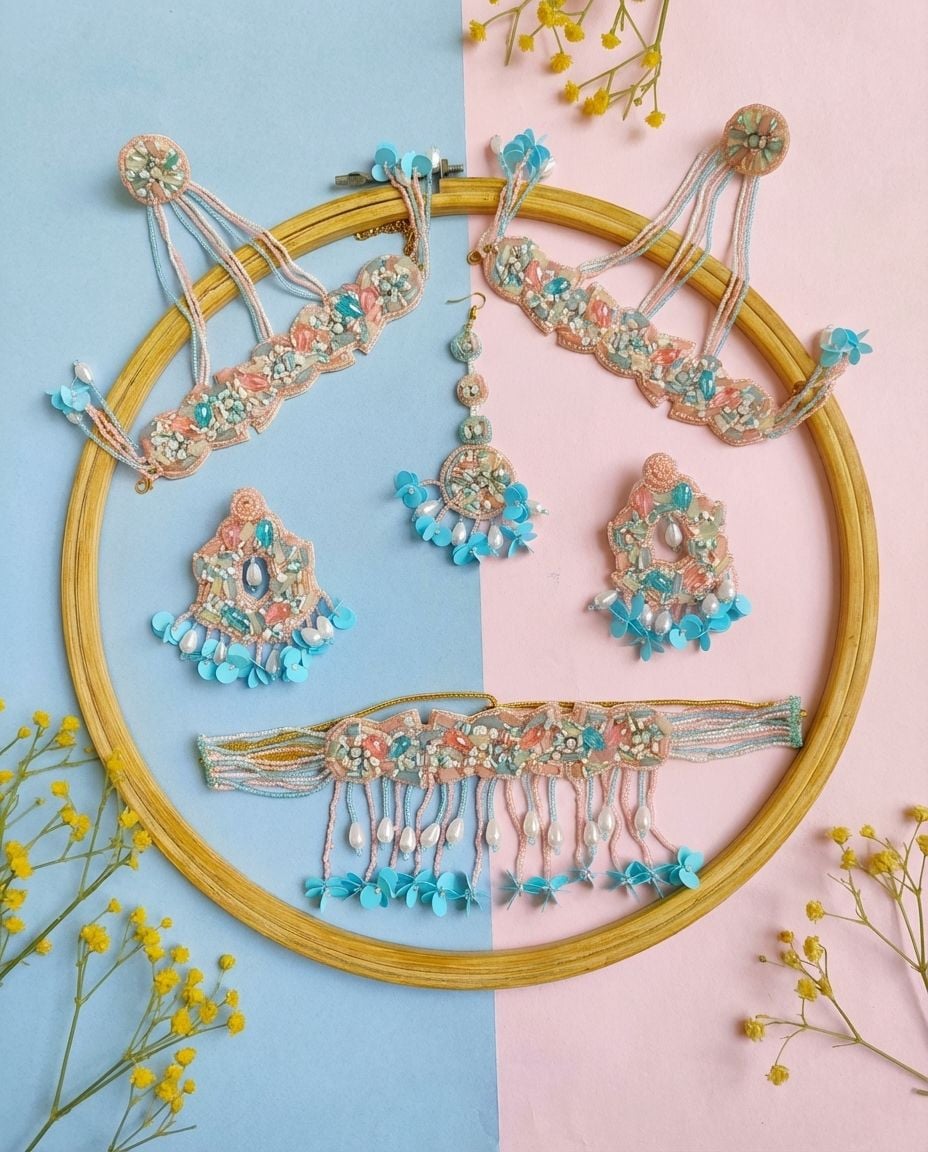 Handmade Pastel Blue & Peach Haldi Jewellery Set with Pearl Drops