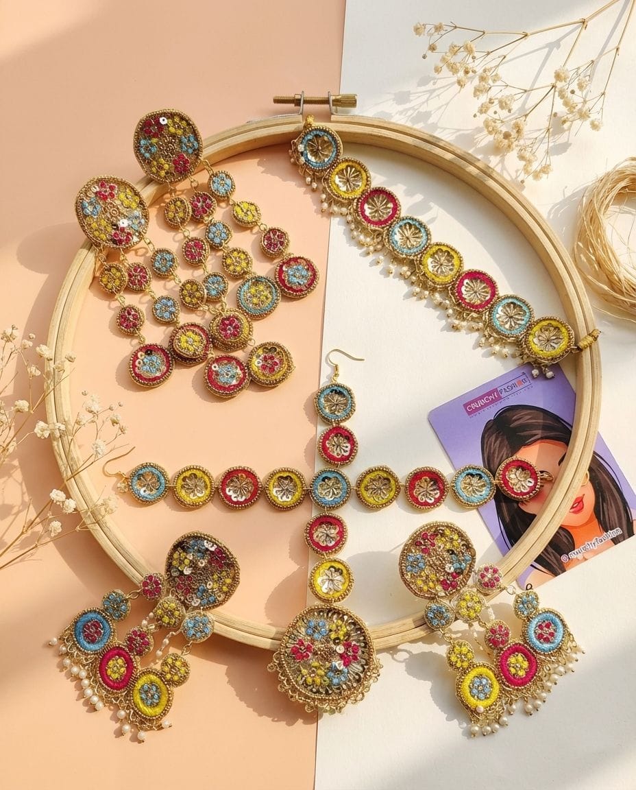 Floral Hues - Yellow, Pink, Sky Blue Handmade Bridal Haldi Jewellery Set
