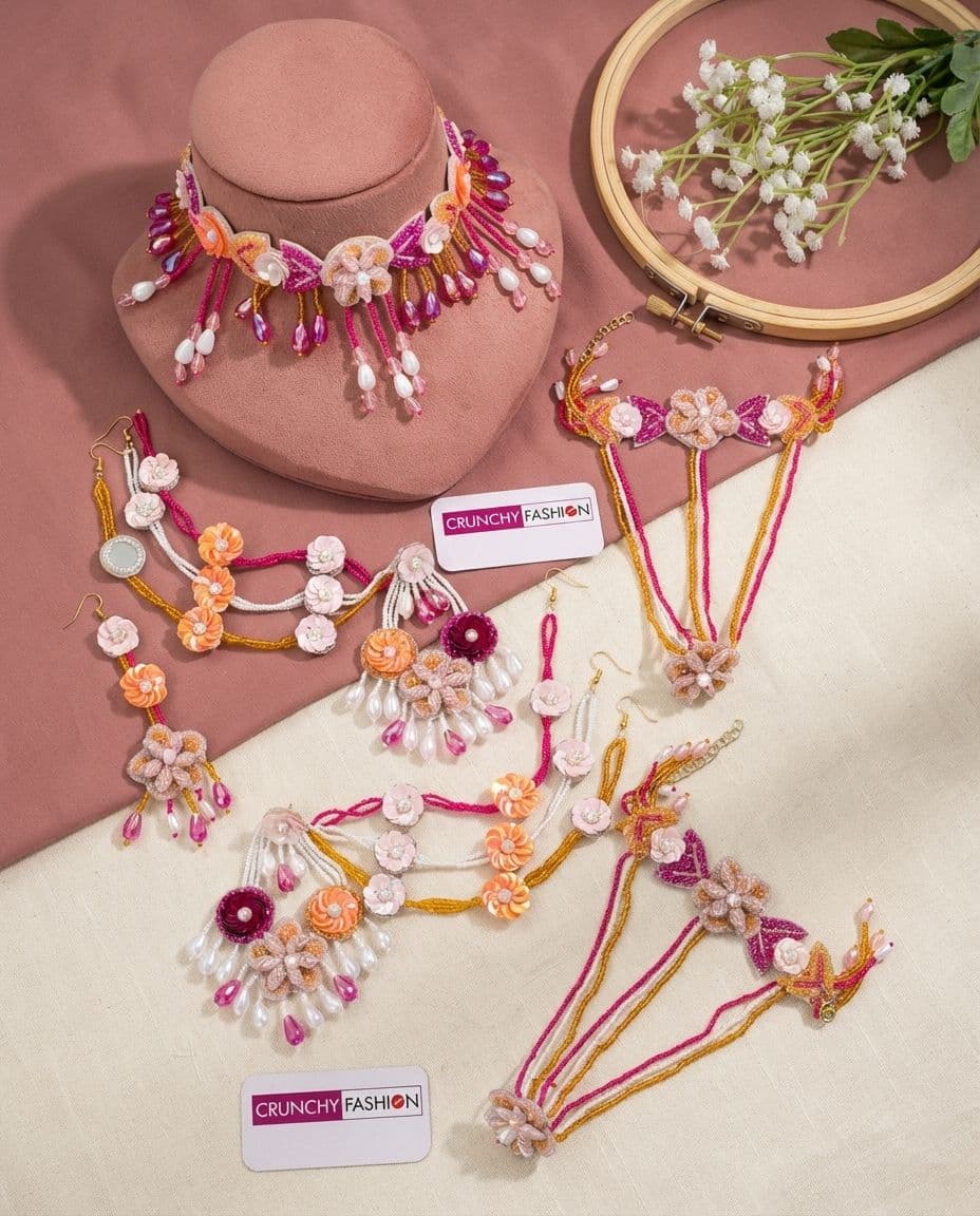 Blossoming Haldi-Mehndi Spring Bridal Beaded Jewel Set in Peach-Pink