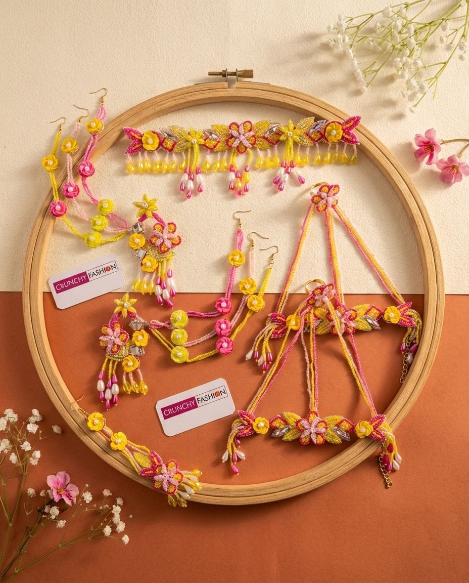 Pink Blossom Beaded Haldi Mehndi 3D Floral Jewelry Set