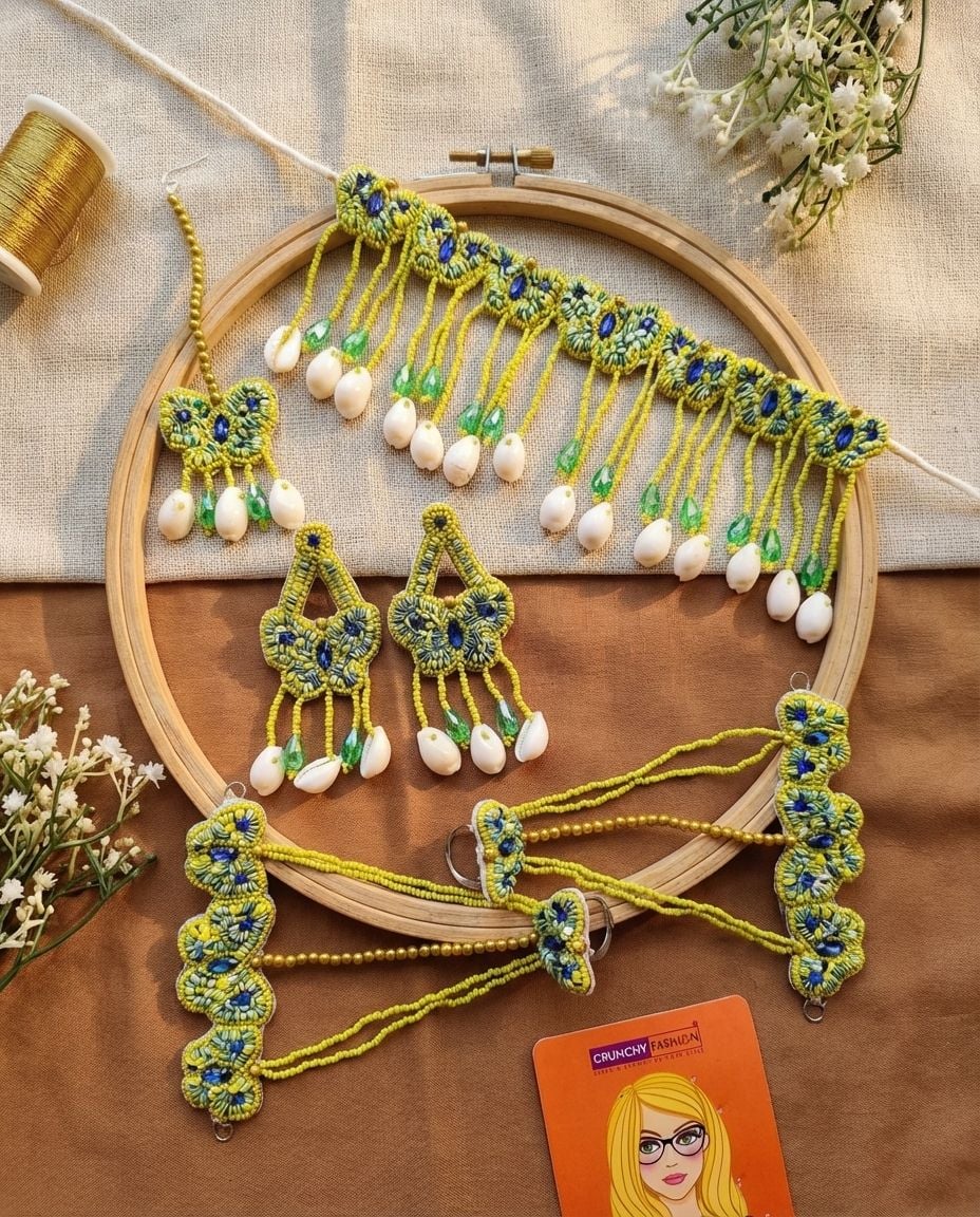 Designer Green Thread Haldi Jewellery Set for Mehndi Ceremony