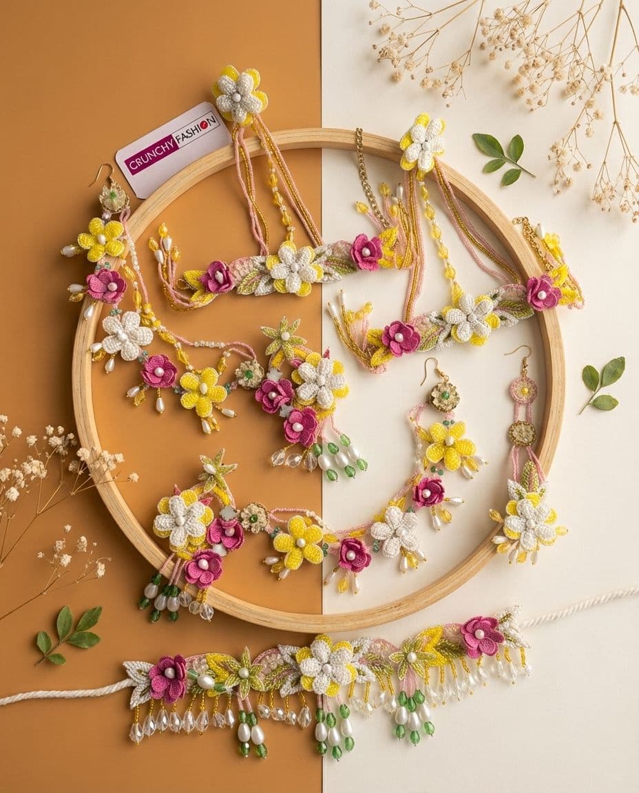 Blooming Pastel - 3D Floral Handmade Haldi Mehndi Bridal Jewelry Set